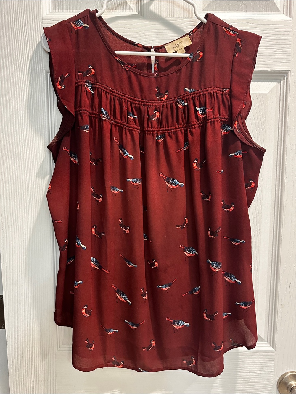 LOFT Burgundy Bird-Print Sleeveless Blouse